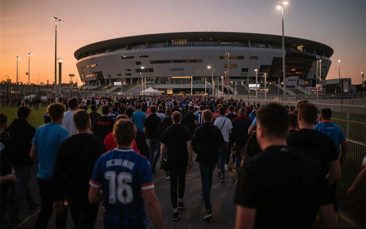 比赛日球迷从地铁或步行通道前往球场的动线场景