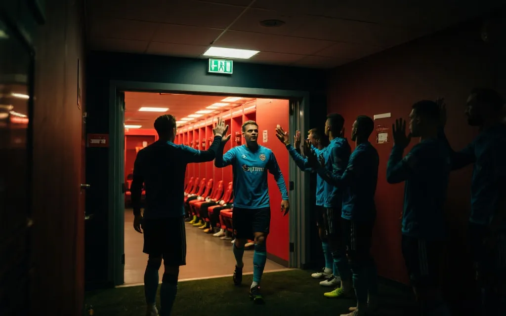 更衣室通道里队长与队友击掌、凝聚士气的场景